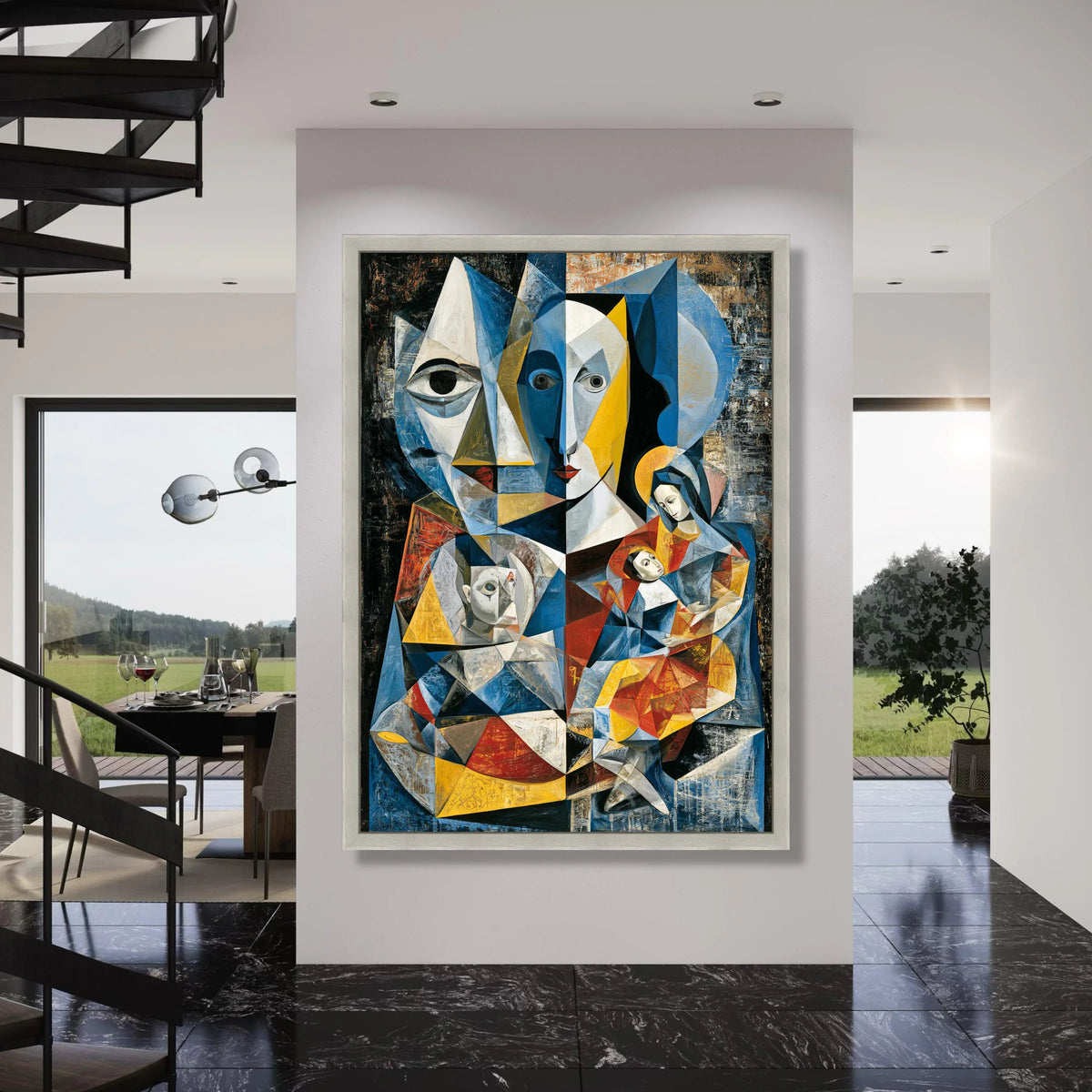 Cubist Family Portrait Canvas Wall Art, Abstract Geometric Faces, Modern Home Decoration, Colorful Expressionism Canvas, Unique Print Art