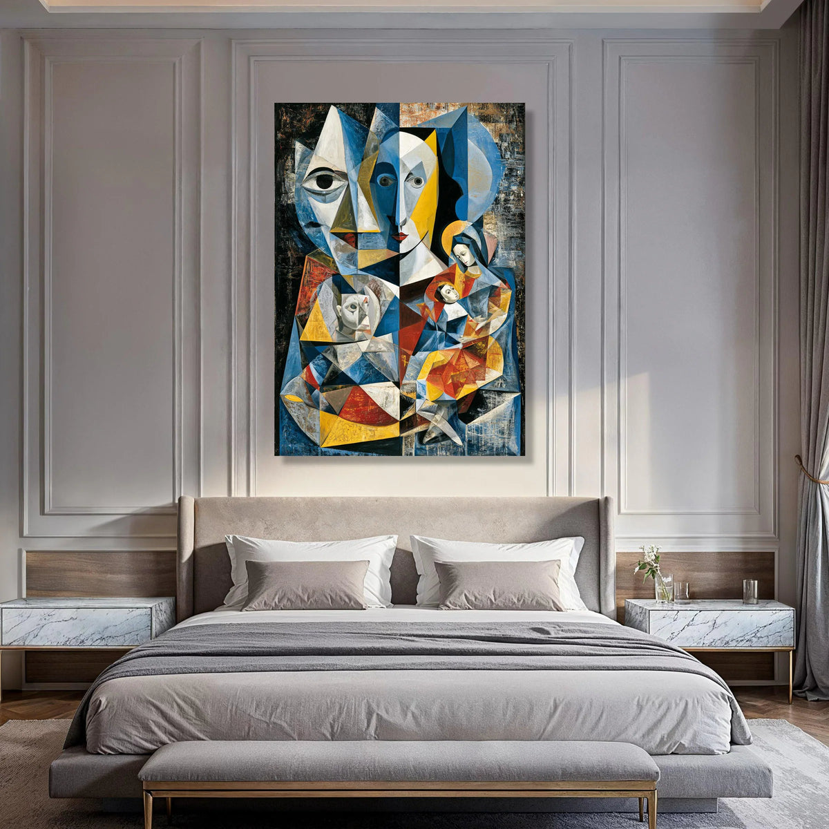 Cubist Family Portrait Canvas Wall Art, Abstract Geometric Faces, Modern Home Decoration, Colorful Expressionism Canvas, Unique Print Art