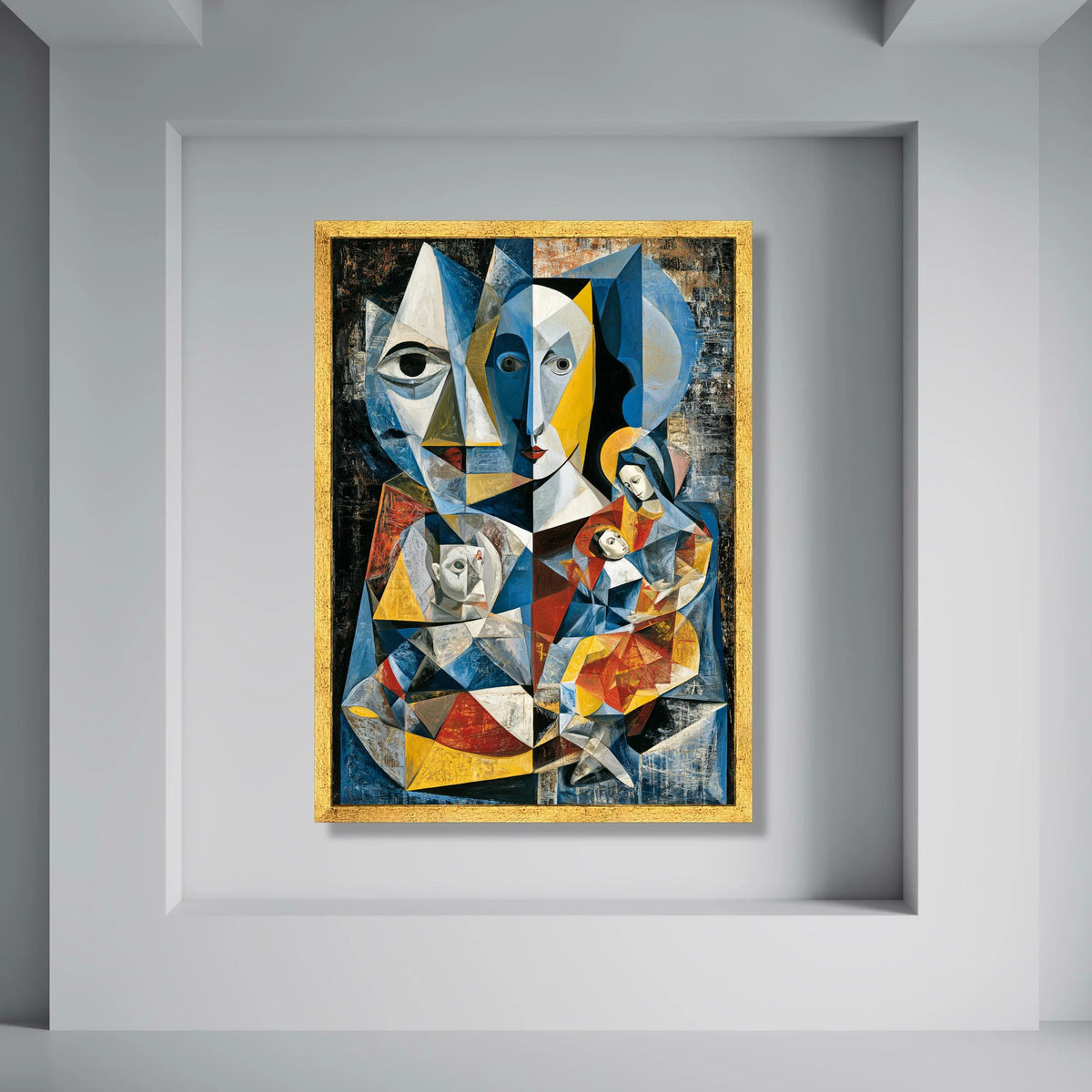 Cubist Family Portrait Canvas Wall Art, Abstract Geometric Faces, Modern Home Decoration, Colorful Expressionism Canvas, Unique Print Art