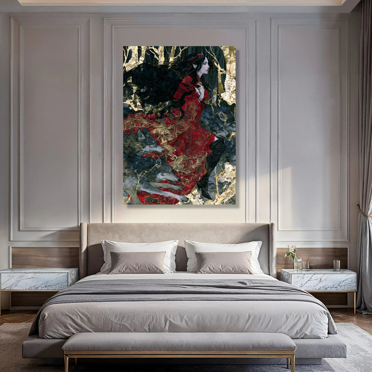 Enigmatic Woman with Wolves, Dark Fantasy Canvas Art, Gothic Red Dress Wall Decor, Mystical Forest Scene, Elegant Canvas Print Print Art
