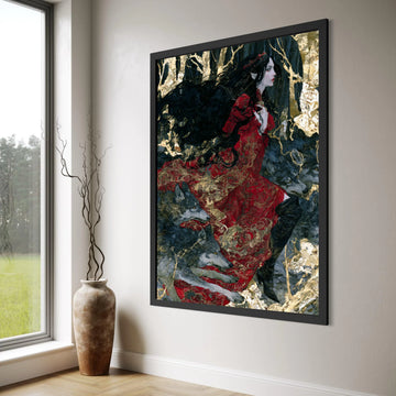 Enigmatic Woman with Wolves, Dark Fantasy Canvas Art, Gothic Red Dress Wall Decor, Mystical Forest Scene, Elegant Canvas Print Print Art