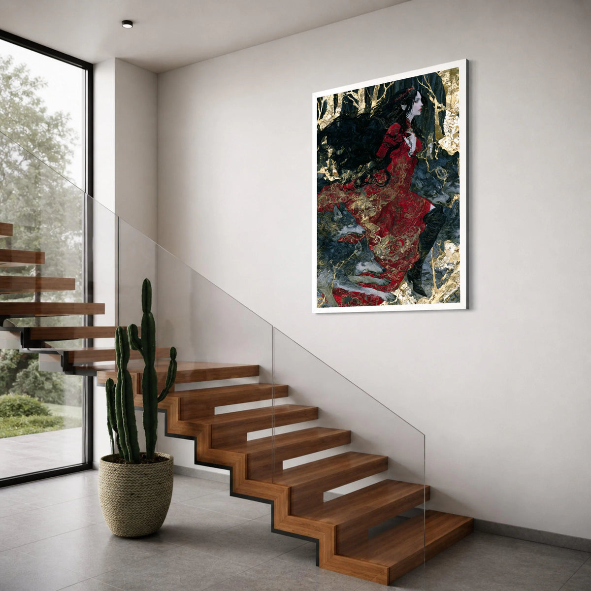 Enigmatic Woman with Wolves, Dark Fantasy Canvas Art, Gothic Red Dress Wall Decor, Mystical Forest Scene, Elegant Canvas Print Print Art