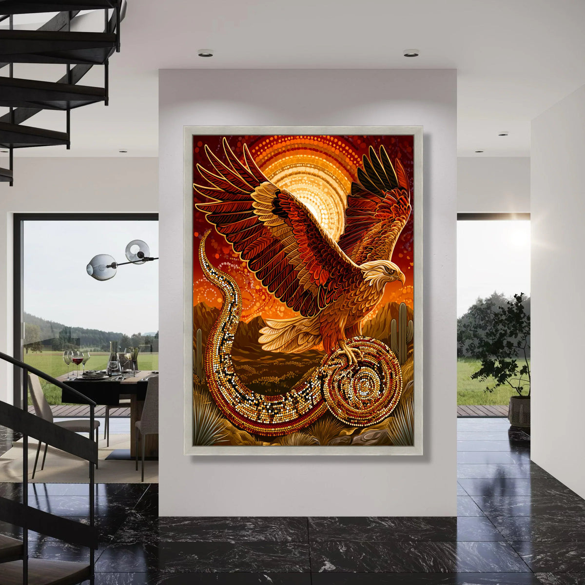 Majestic Eagle and Serpent Canvas, Southwestern Desert Wall Art, Vibrant Wildlife Illustration, Native Style Canvas, Nature Home Print Art