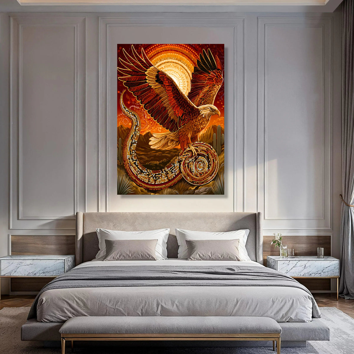 Majestic Eagle and Serpent Canvas, Southwestern Desert Wall Art, Vibrant Wildlife Illustration, Native Style Canvas, Nature Home Print Art