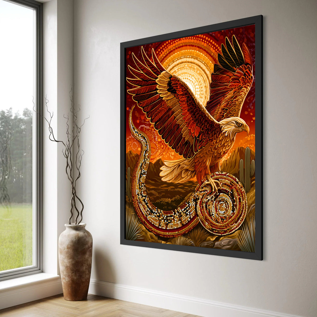 Majestic Eagle and Serpent Canvas, Southwestern Desert Wall Art, Vibrant Wildlife Illustration, Native Style Canvas, Nature Home Print Art