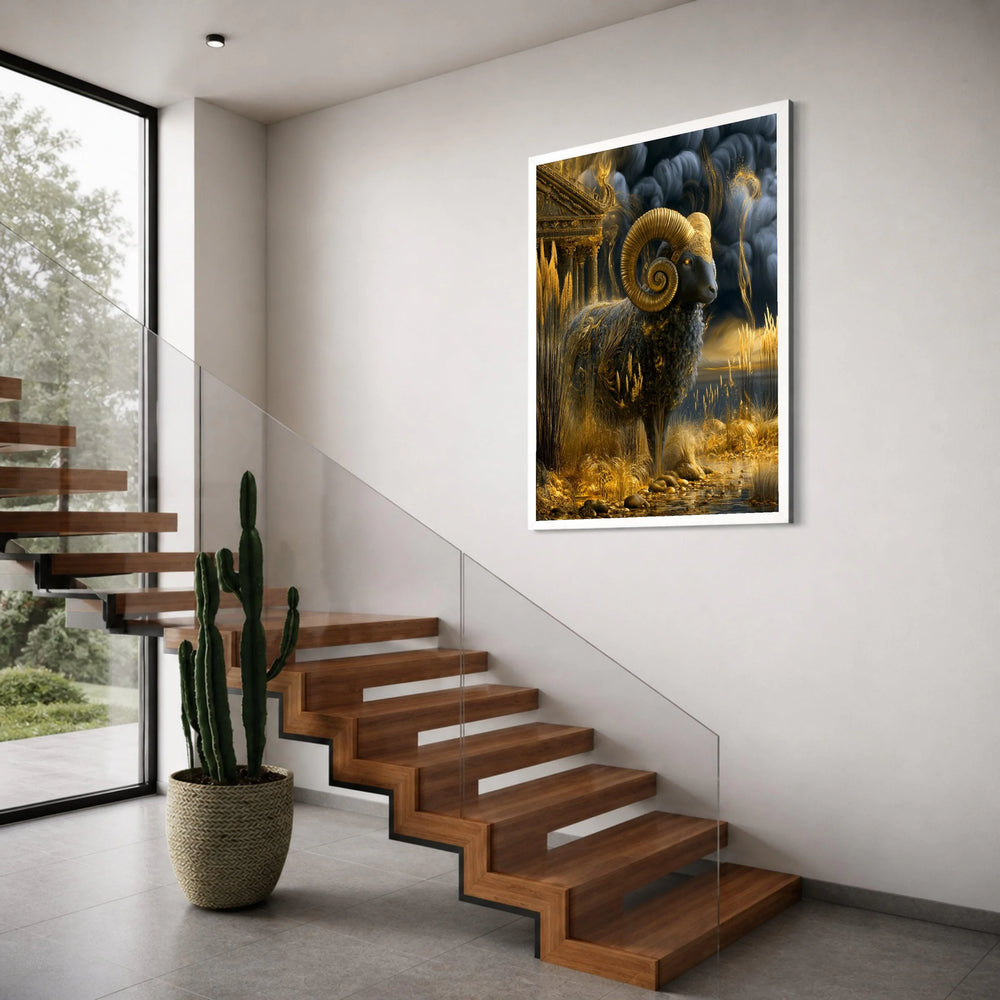 Majestic Golden Ram Canvas Wall Art, Mythical Animal Decor, Ancient Temple Landscape, Fantasy Nature Scene, Elegant Home Print Art