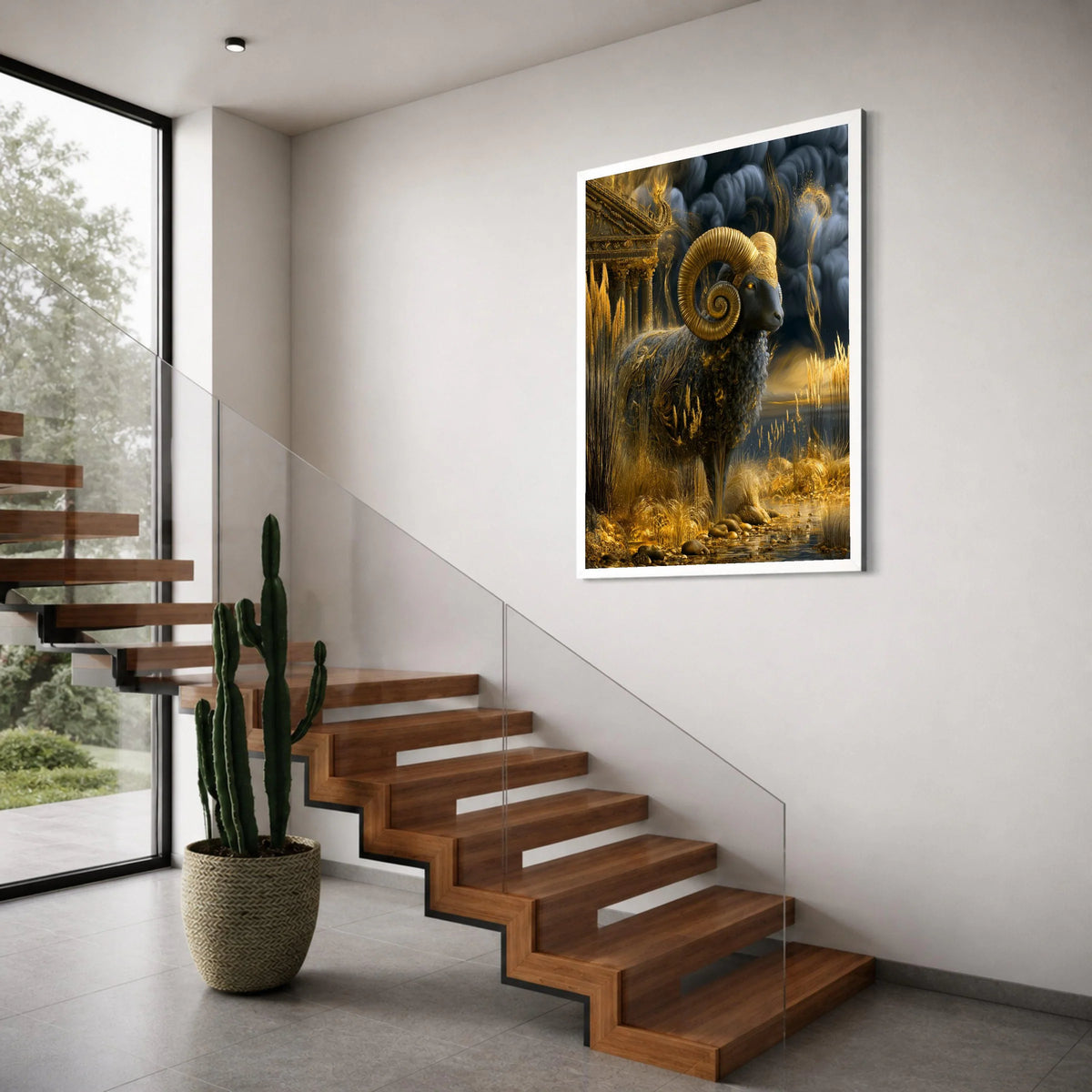 Majestic Golden Ram Canvas Wall Art, Mythical Animal Decor, Ancient Temple Landscape, Fantasy Nature Scene, Elegant Home Print Art