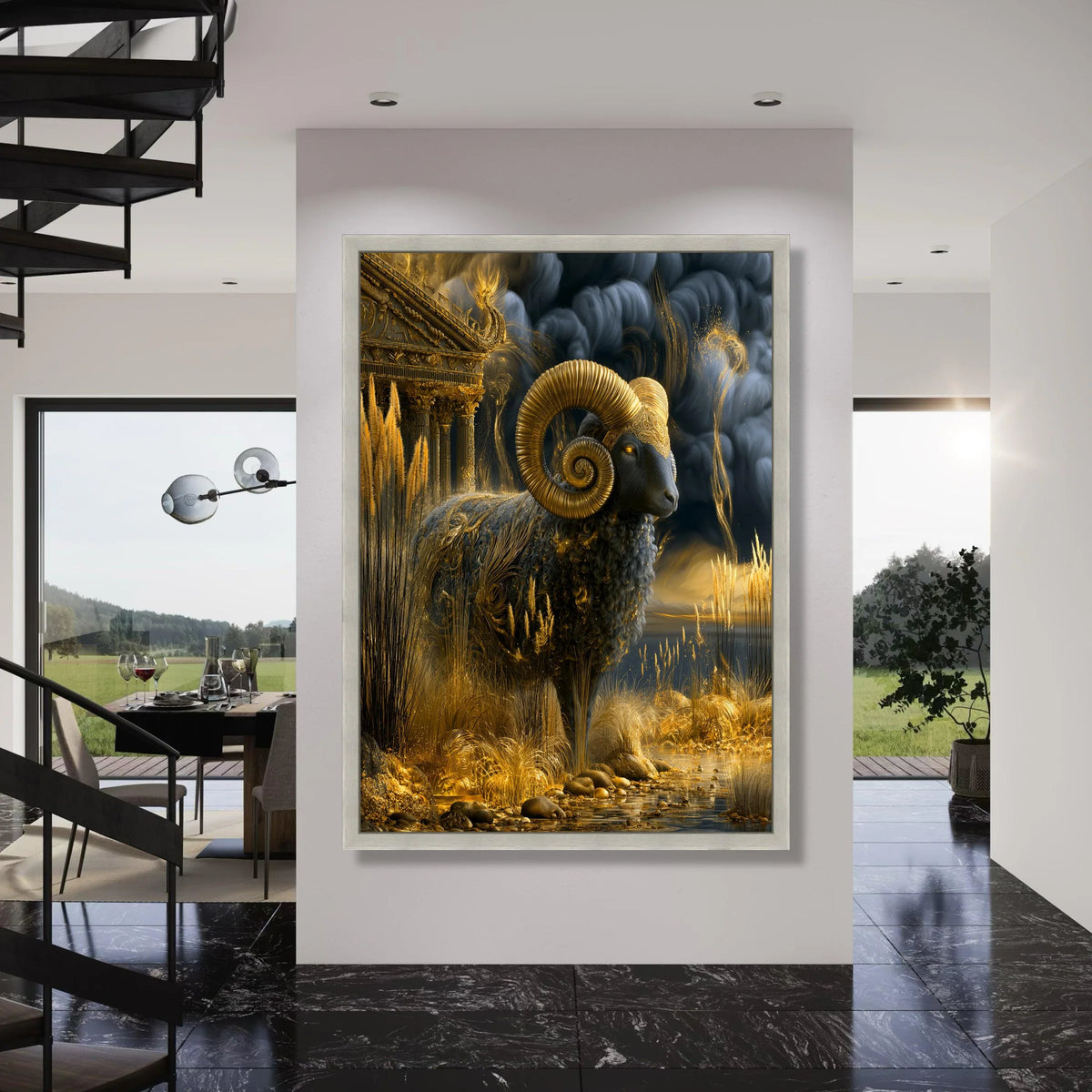 Majestic Golden Ram Canvas Wall Art, Mythical Animal Decor, Ancient Temple Landscape, Fantasy Nature Scene, Elegant Home Print Art