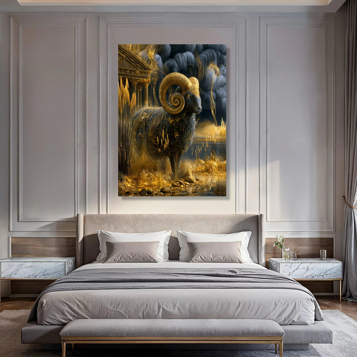 Majestic Golden Ram Canvas Wall Art, Mythical Animal Decor, Ancient Temple Landscape, Fantasy Nature Scene, Elegant Home Print Art