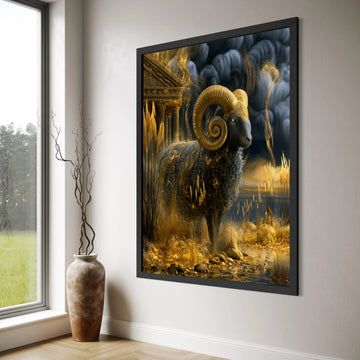 Majestic Golden Ram Canvas Wall Art, Mythical Animal Decor, Ancient Temple Landscape, Fantasy Nature Scene, Elegant Home Print Art