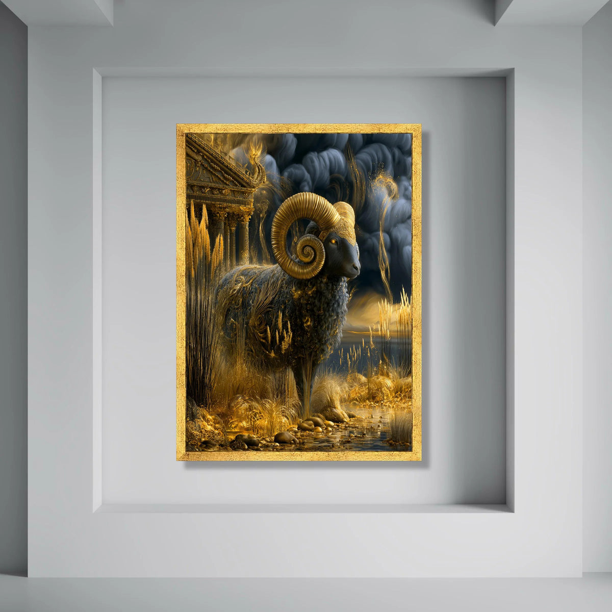 Majestic Golden Ram Canvas Wall Art, Mythical Animal Decor, Ancient Temple Landscape, Fantasy Nature Scene, Elegant Home Print Art