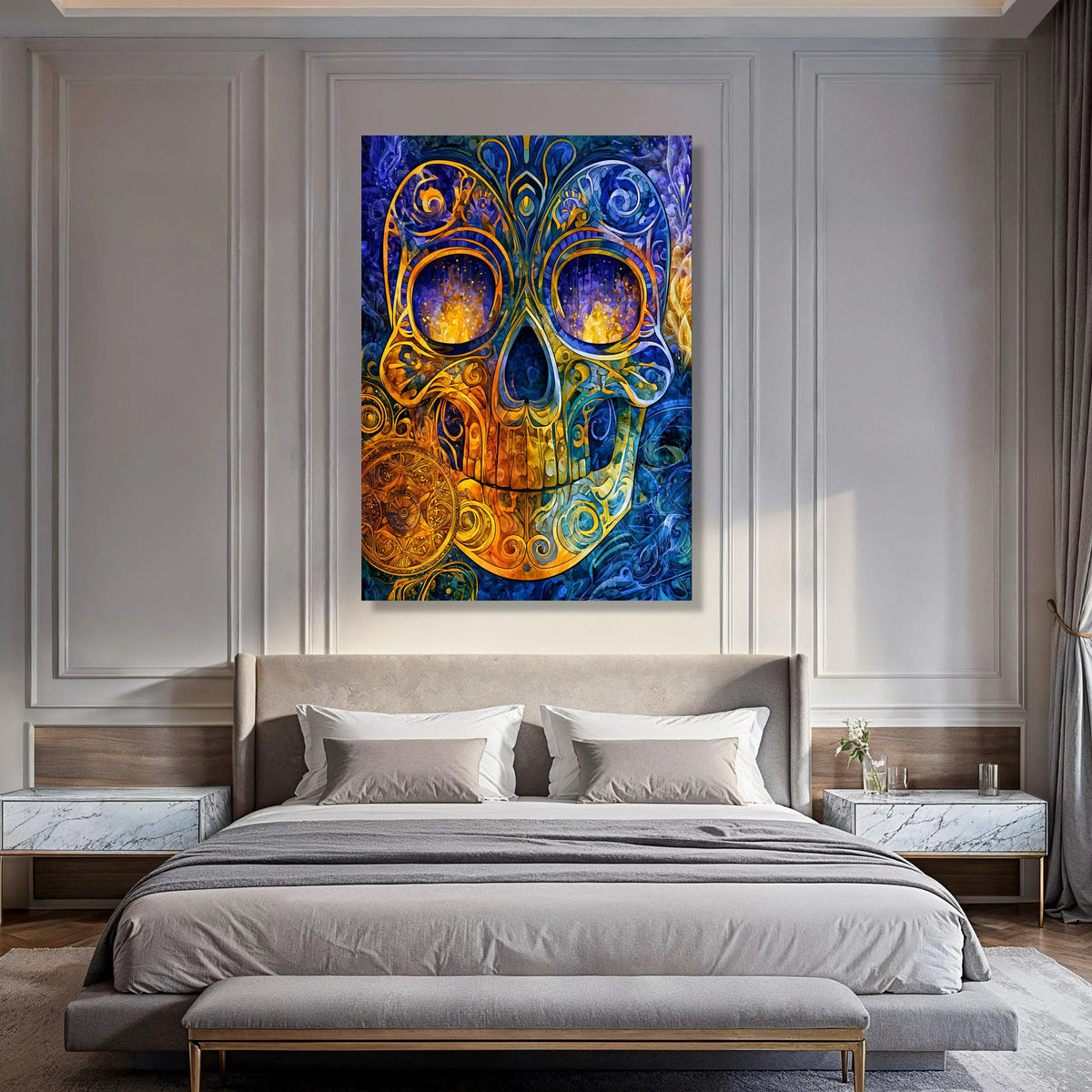 Vibrant Sugar Skull Canvas, Day of the Dead Wall Art, Colorful Skull Design, Mexican Celebration Canvas, Festive Home Decoration Print Art