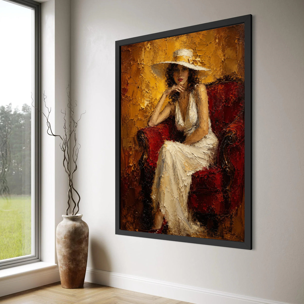 Elegant Woman White Dress Canvas, Vintage Portrait Wall Art, Classic Lady Sitting on Red Chair, Glamorous Home Decoration Print Art