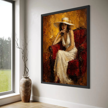 Elegant Woman White Dress Canvas, Vintage Portrait Wall Art, Classic Lady Sitting on Red Chair, Glamorous Home Decoration Print Art