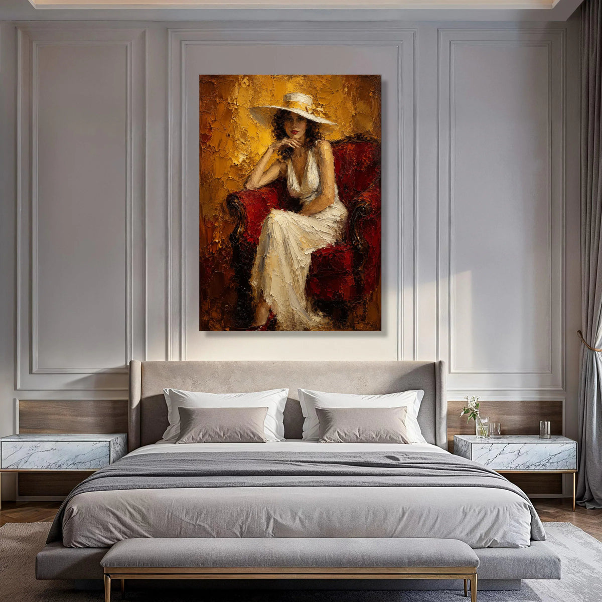 Elegant Woman White Dress Canvas, Vintage Portrait Wall Art, Classic Lady Sitting on Red Chair, Glamorous Home Decoration Print Art