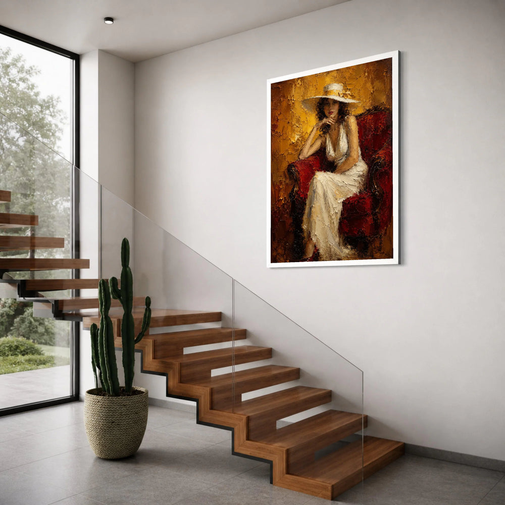 Elegant Woman White Dress Canvas, Vintage Portrait Wall Art, Classic Lady Sitting on Red Chair, Glamorous Home Decoration Print Art