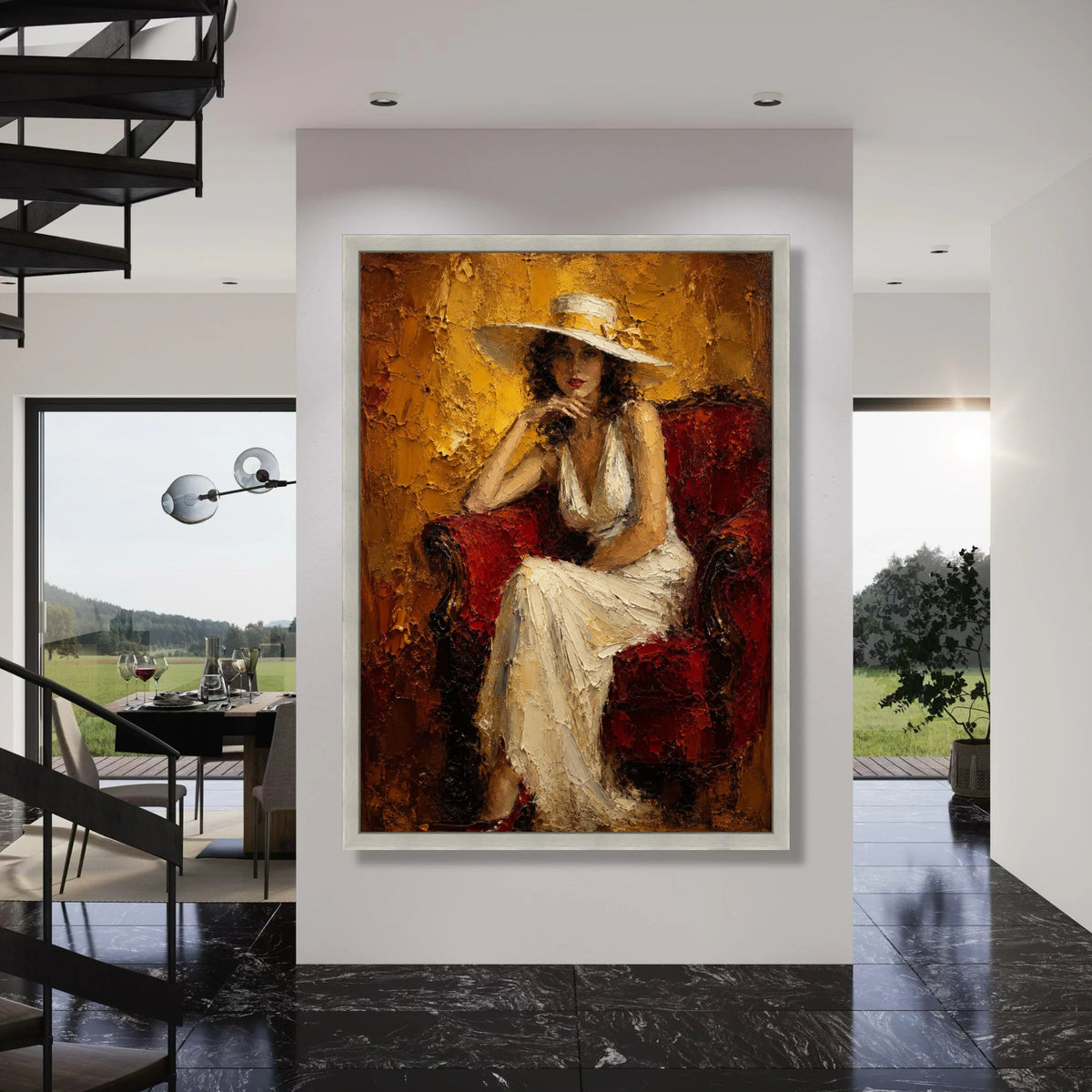 Elegant Woman White Dress Canvas, Vintage Portrait Wall Art, Classic Lady Sitting on Red Chair, Glamorous Home Decoration Print Art