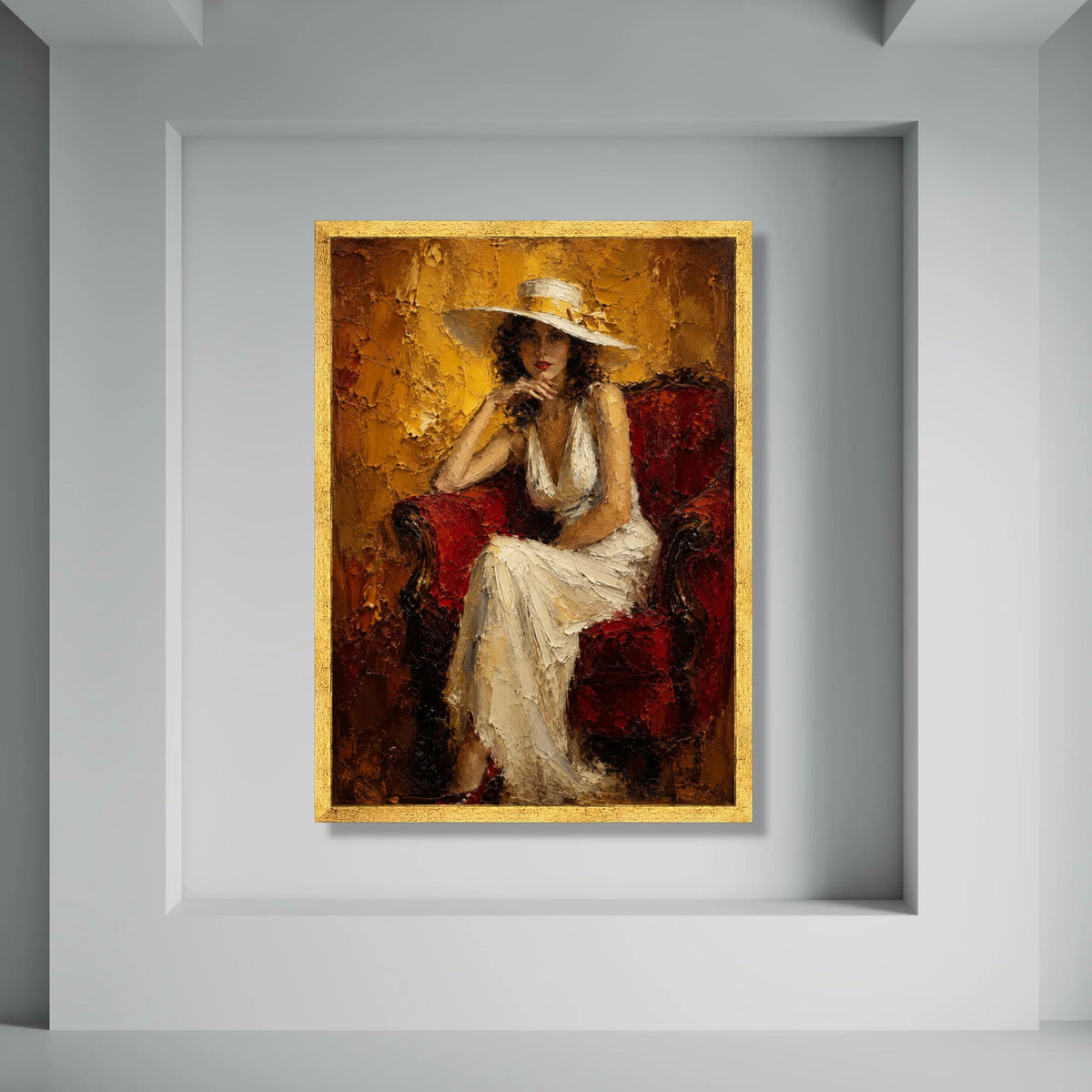 Elegant Woman White Dress Canvas, Vintage Portrait Wall Art, Classic Lady Sitting on Red Chair, Glamorous Home Decoration Print Art