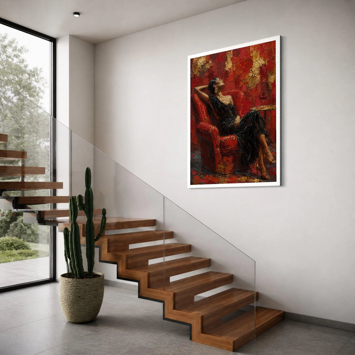 Elegant Woman Relaxing Red Chair Canvas, Sophisticated Portrait Art, Glamour Wall Decor, Chic Home Decoration, Modern Canvas Print Print Art
