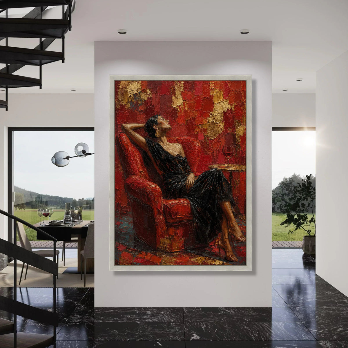 Elegant Woman Relaxing Red Chair Canvas, Sophisticated Portrait Art, Glamour Wall Decor, Chic Home Decoration, Modern Canvas Print Print Art