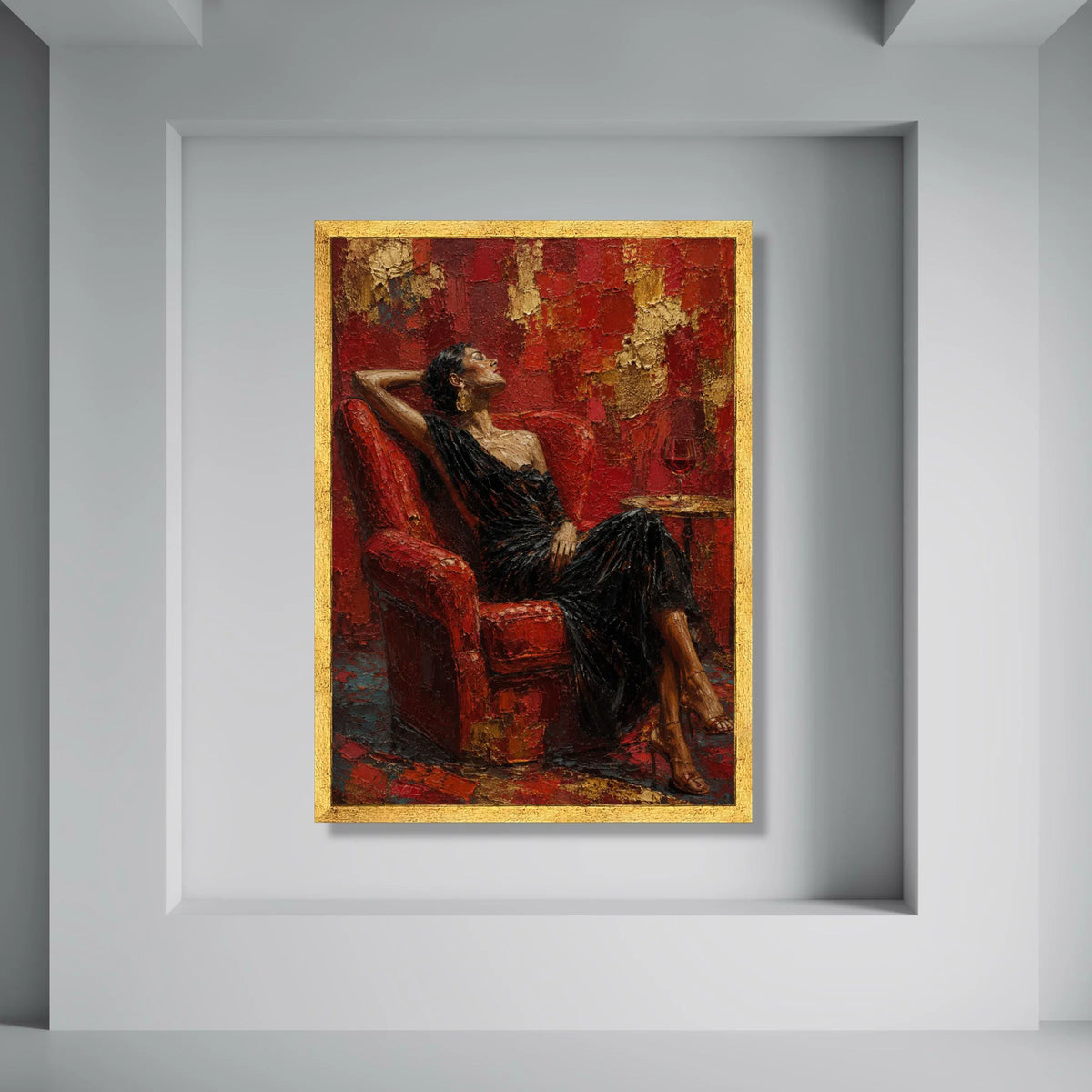 Elegant Woman Relaxing Red Chair Canvas, Sophisticated Portrait Art, Glamour Wall Decor, Chic Home Decoration, Modern Canvas Print Print Art