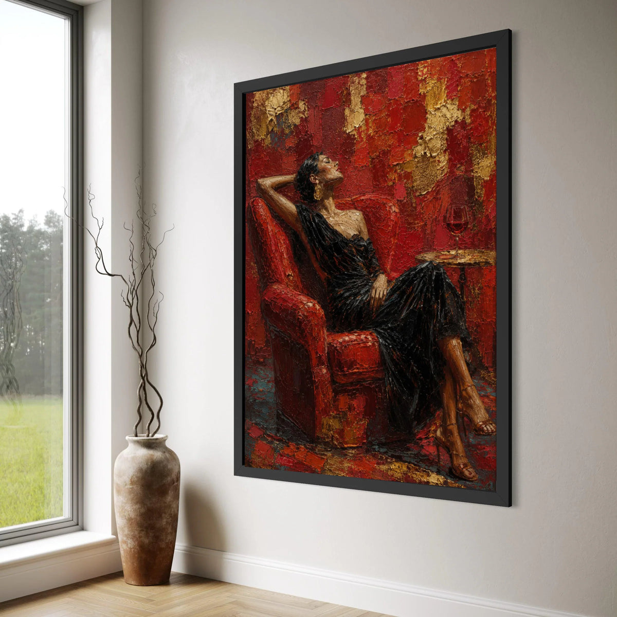 Elegant Woman Relaxing Red Chair Canvas, Sophisticated Portrait Art, Glamour Wall Decor, Chic Home Decoration, Modern Canvas Print Print Art