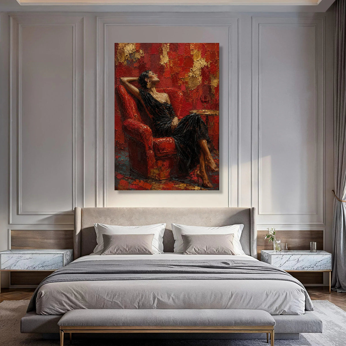 Elegant Woman Relaxing Red Chair Canvas, Sophisticated Portrait Art, Glamour Wall Decor, Chic Home Decoration, Modern Canvas Print Print Art