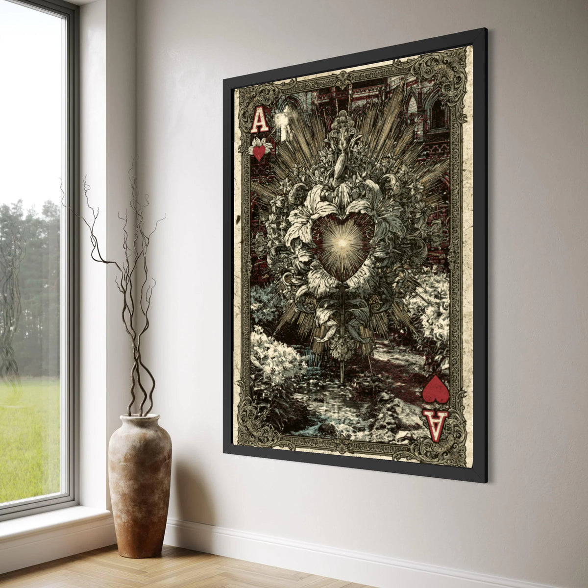 Vintage Ace of Hearts Canvas, Floral Heart Illustration, Antique Playing Card Art, Romantic Wall Decor, Classic Card Canvas Print Print Art