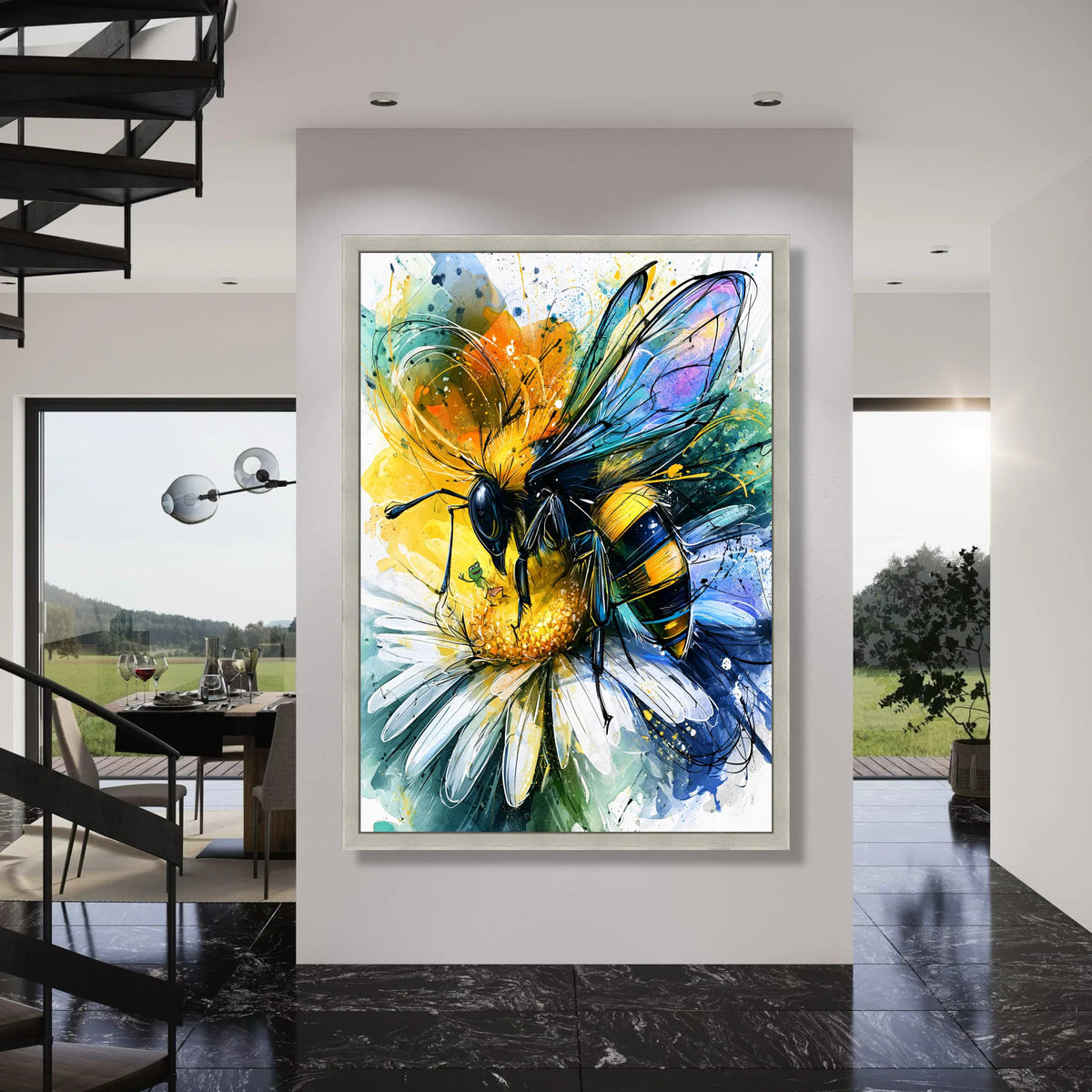 Vibrant Bee on Daisy Flower Canvas, Colorful Insect Wall Art, Nature Canvas Decor, Floral and Wildlife Illustration, Ready to Hang Print Art