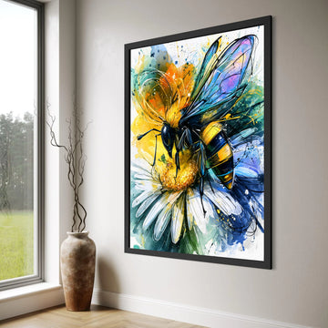 Vibrant Bee on Daisy Flower Canvas, Colorful Insect Wall Art, Nature Canvas Decor, Floral and Wildlife Illustration, Ready to Hang Print Art