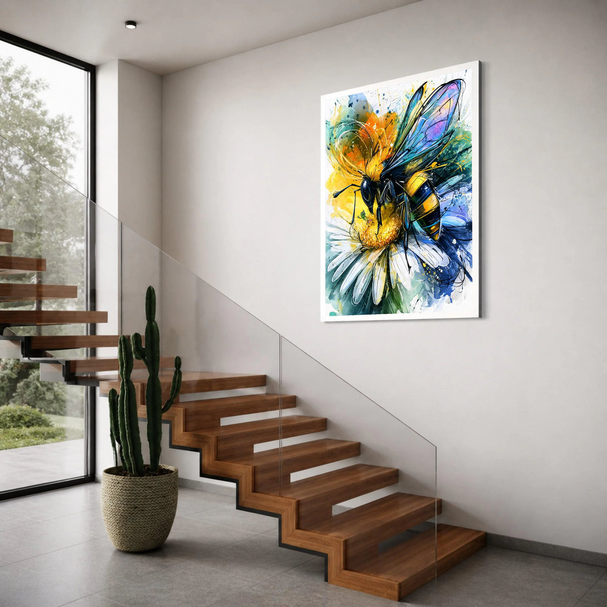 Vibrant Bee on Daisy Flower Canvas, Colorful Insect Wall Art, Nature Canvas Decor, Floral and Wildlife Illustration, Ready to Hang Print Art