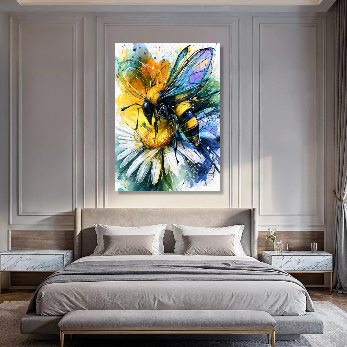 Vibrant Bee on Daisy Flower Canvas, Colorful Insect Wall Art, Nature Canvas Decor, Floral and Wildlife Illustration, Ready to Hang Print Art