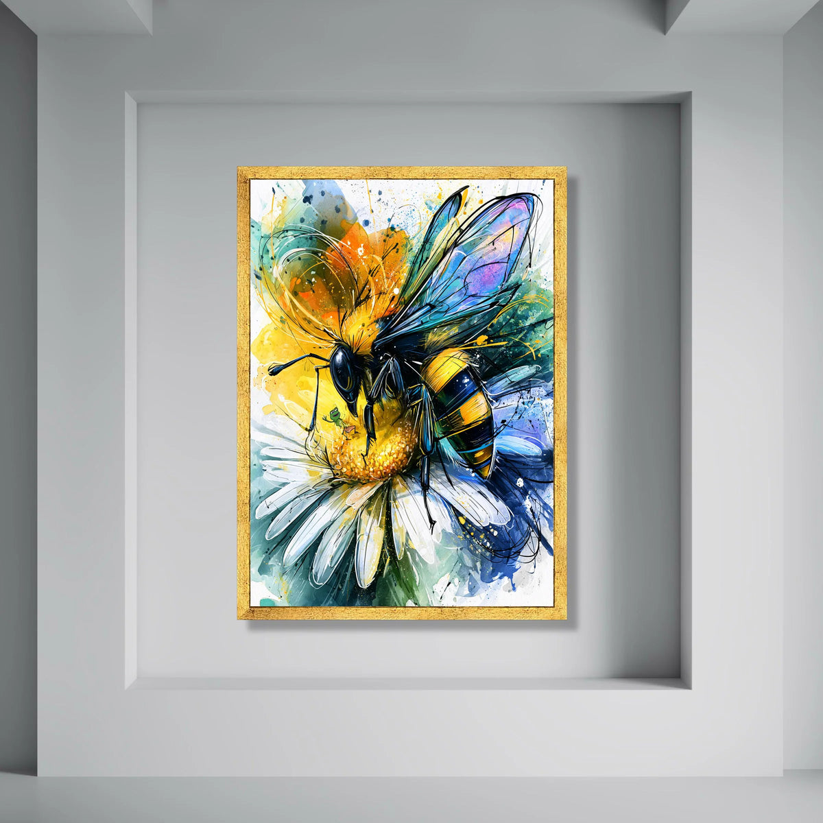 Vibrant Bee on Daisy Flower Canvas, Colorful Insect Wall Art, Nature Canvas Decor, Floral and Wildlife Illustration, Ready to Hang Print Art