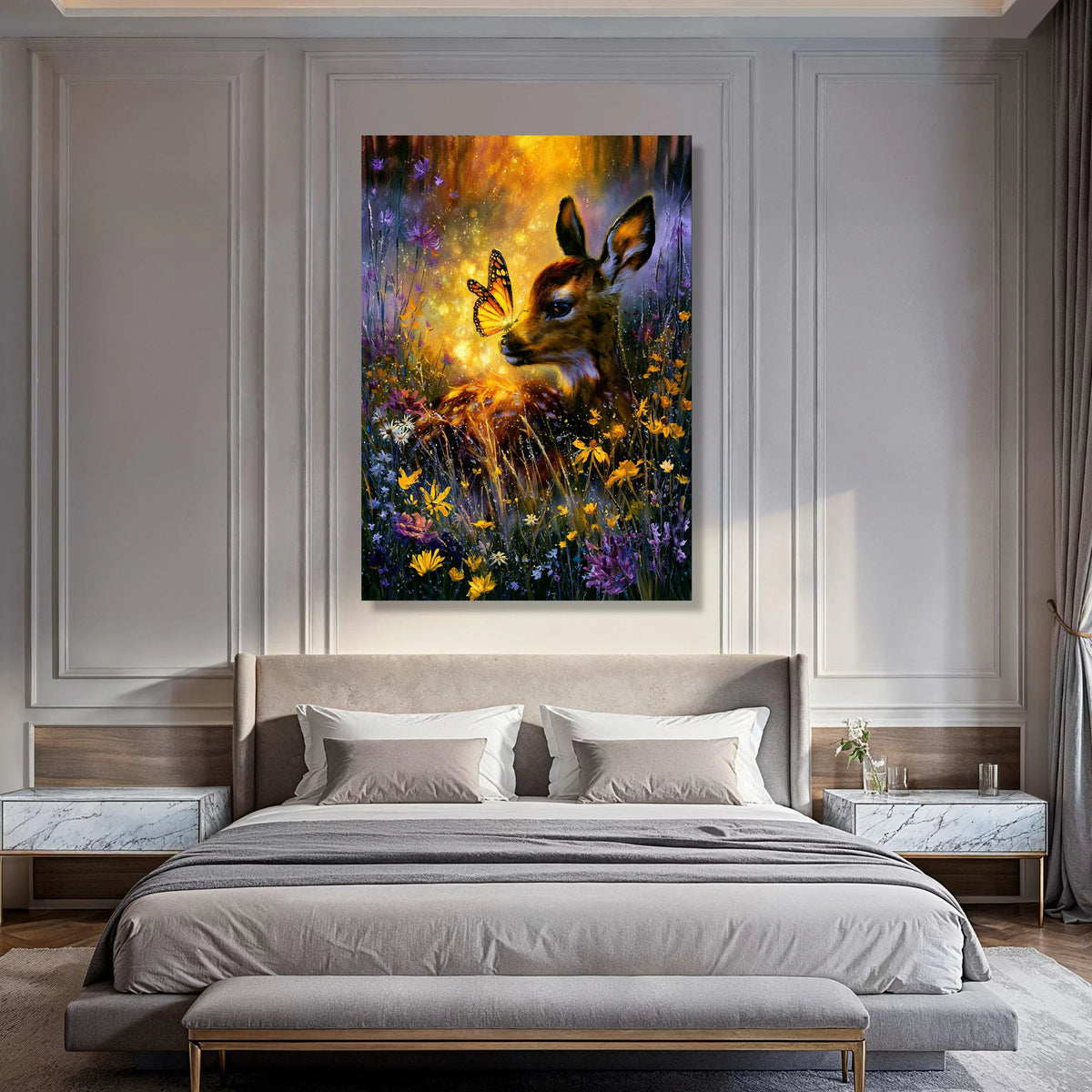 Enchanted Deer with Butterfly, Magical Forest Canvas, Floral Meadow Wall Art, Wildlife Nature Canvas, Bright Wildlife Scene, Ready Print Art