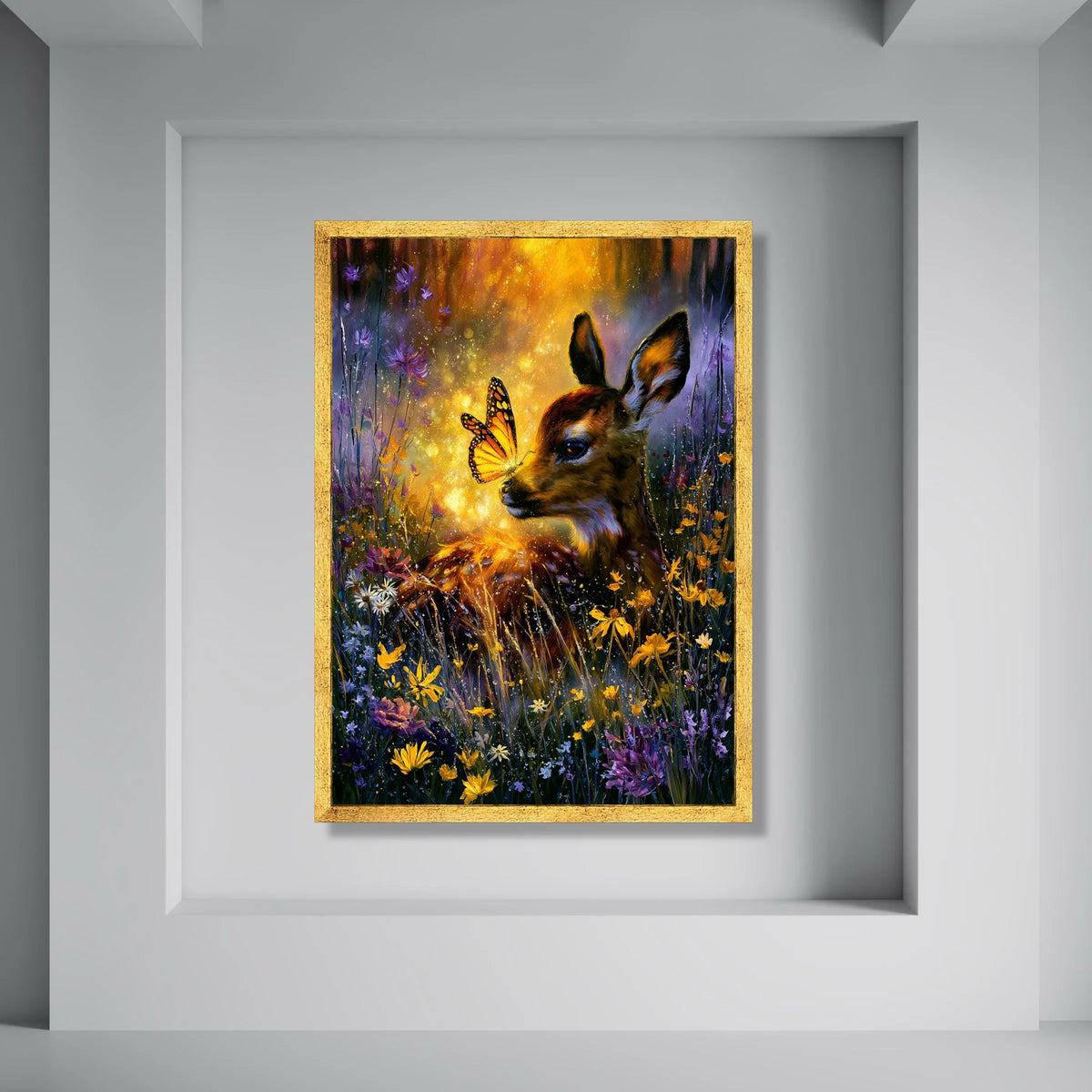 Enchanted Deer with Butterfly, Magical Forest Canvas, Floral Meadow Wall Art, Wildlife Nature Canvas, Bright Wildlife Scene, Ready Print Art