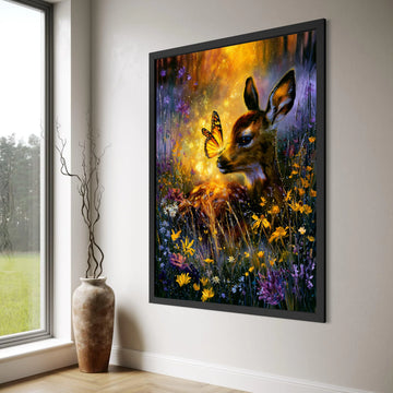 Enchanted Deer with Butterfly, Magical Forest Canvas, Floral Meadow Wall Art, Wildlife Nature Canvas, Bright Wildlife Scene, Ready Print Art