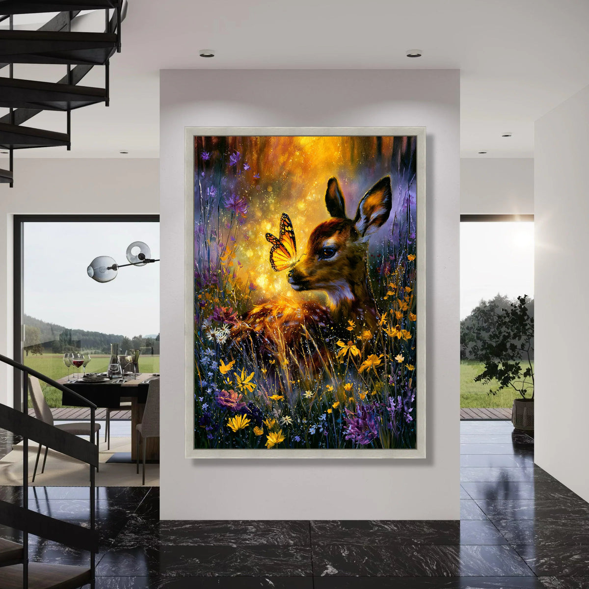 Enchanted Deer with Butterfly, Magical Forest Canvas, Floral Meadow Wall Art, Wildlife Nature Canvas, Bright Wildlife Scene, Ready Print Art