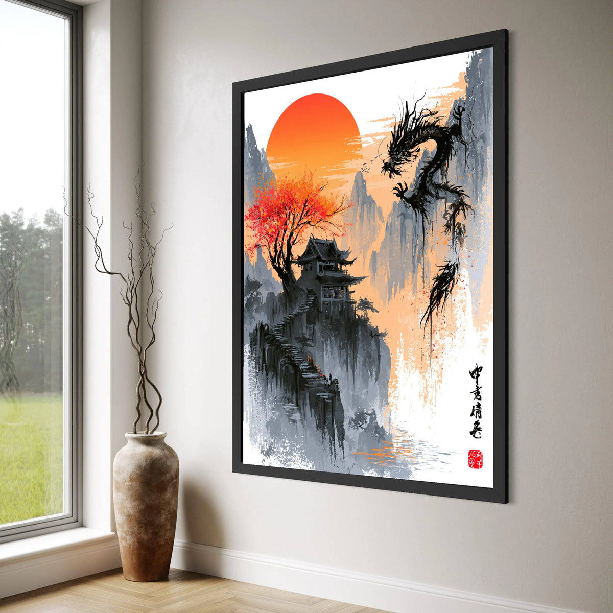 Tranquil Asian Mountain Temple Canvas, Red Maple Tree, Rising Sun Wall Art, Eastern Dragon Painting, Oriental Landscape Canvas Print Art