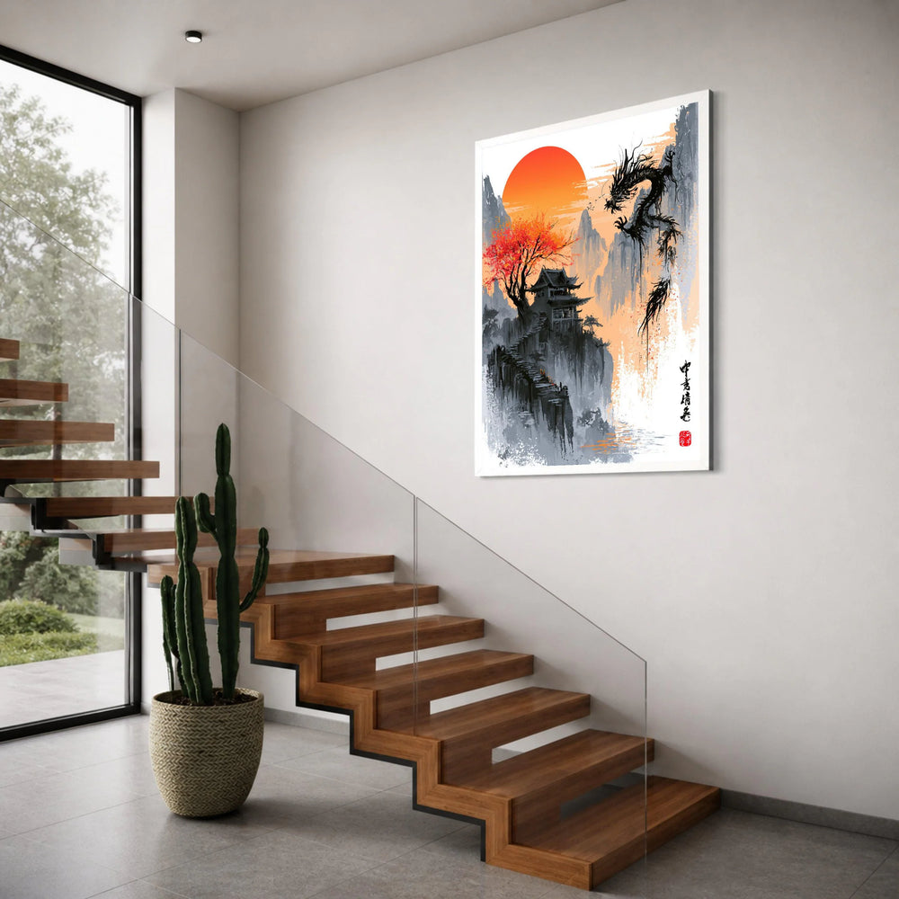Tranquil Asian Mountain Temple Canvas, Red Maple Tree, Rising Sun Wall Art, Eastern Dragon Painting, Oriental Landscape Canvas Print Art