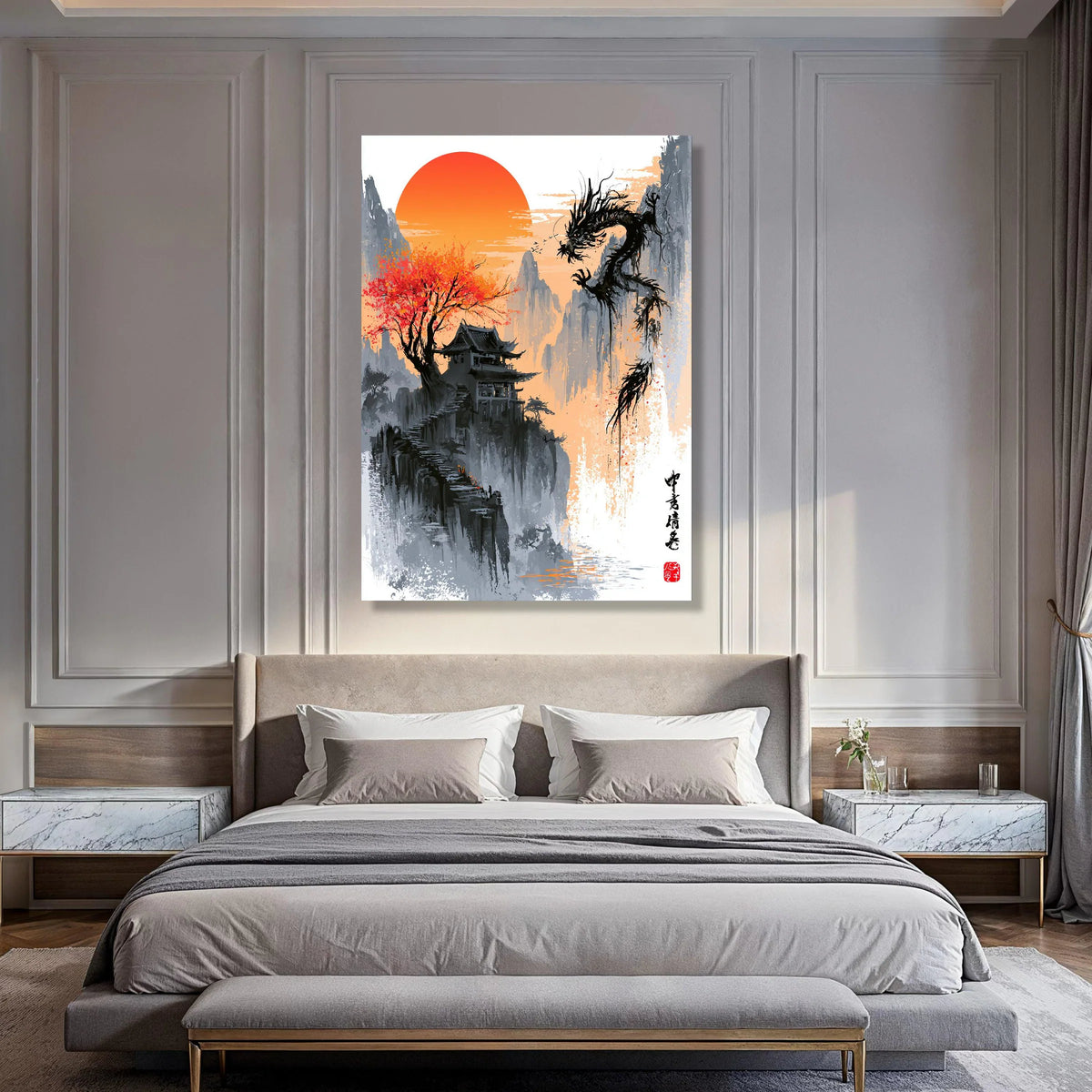 Tranquil Asian Mountain Temple Canvas, Red Maple Tree, Rising Sun Wall Art, Eastern Dragon Painting, Oriental Landscape Canvas Print Art