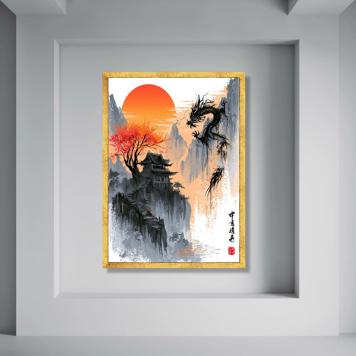 Tranquil Asian Mountain Temple Canvas, Red Maple Tree, Rising Sun Wall Art, Eastern Dragon Painting, Oriental Landscape Canvas Print Art