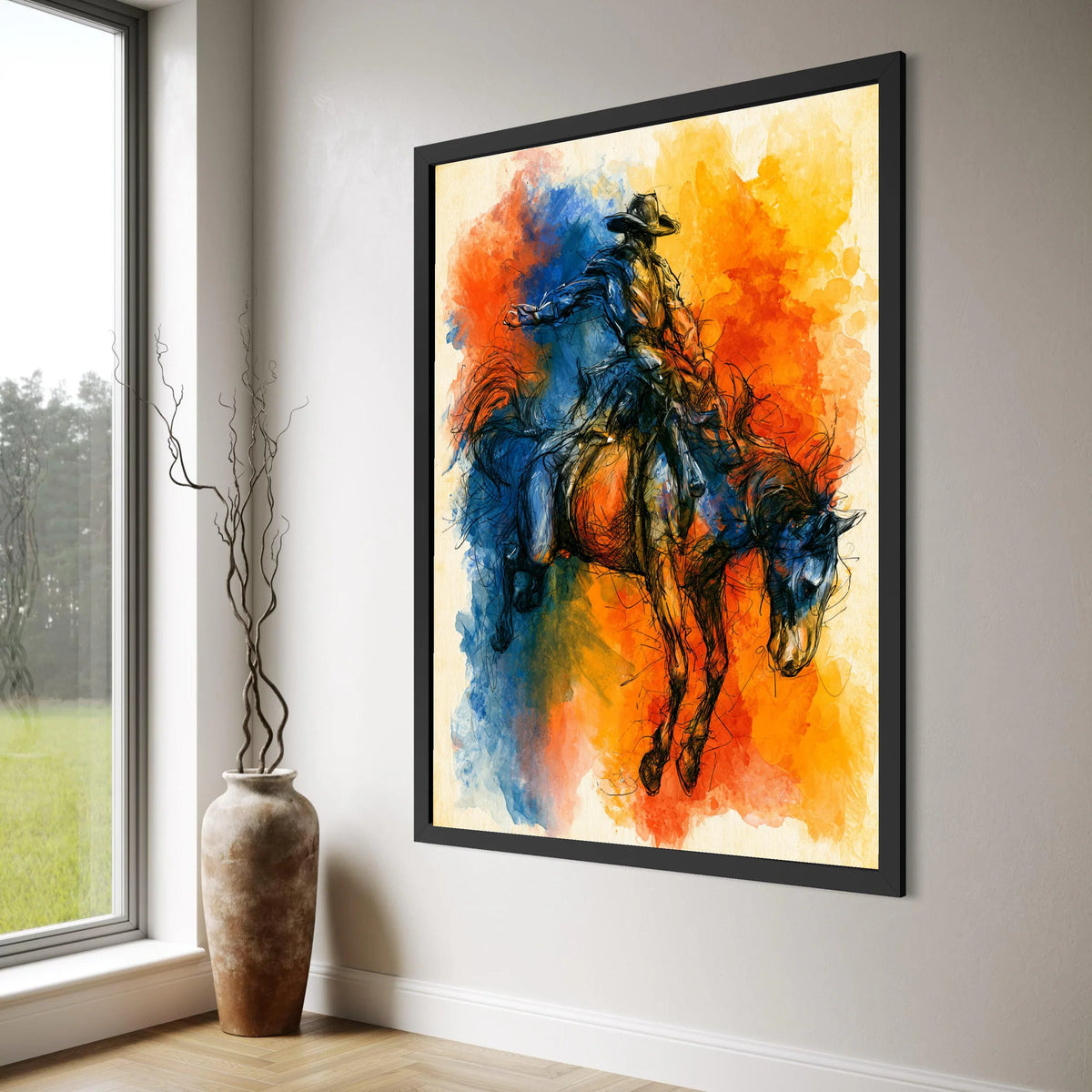 Vibrant Rodeo Cowboy on Bucking Horse Canvas, Western Equestrian Art, Dynamic Horseback Riding Wall Decor, Colorful Cowboy Canvas Print Art