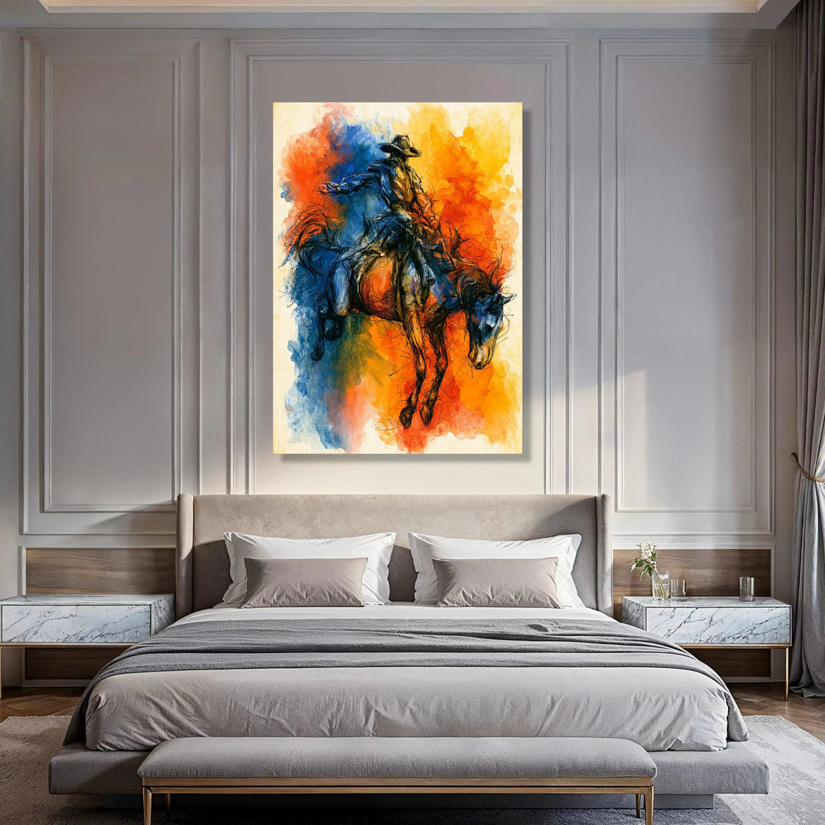 Vibrant Rodeo Cowboy on Bucking Horse Canvas, Western Equestrian Art, Dynamic Horseback Riding Wall Decor, Colorful Cowboy Canvas Print Art