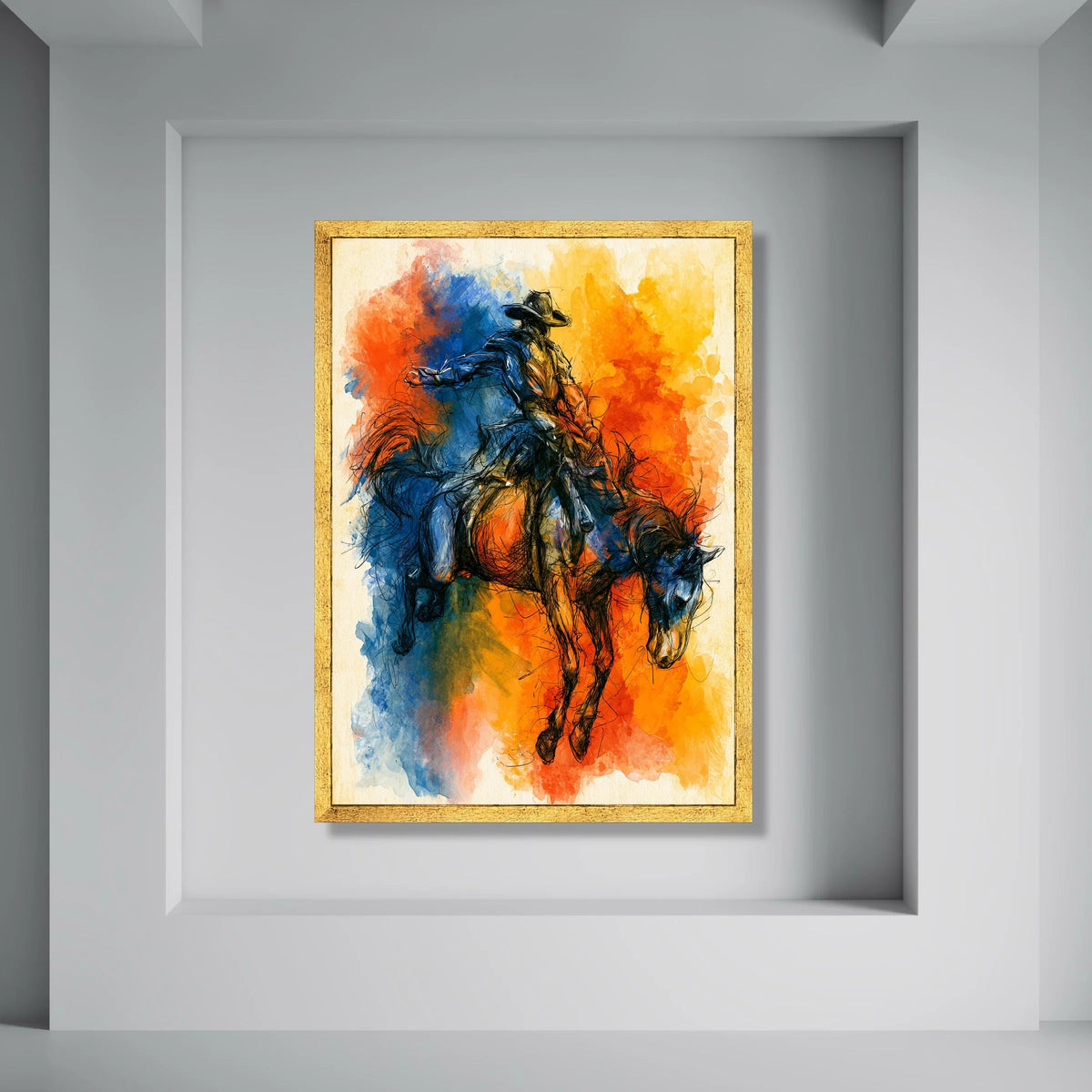 Vibrant Rodeo Cowboy on Bucking Horse Canvas, Western Equestrian Art, Dynamic Horseback Riding Wall Decor, Colorful Cowboy Canvas Print Art