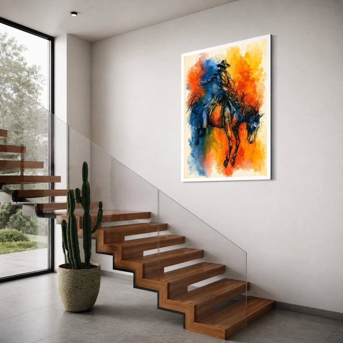 Vibrant Rodeo Cowboy on Bucking Horse Canvas, Western Equestrian Art, Dynamic Horseback Riding Wall Decor, Colorful Cowboy Canvas Print Art