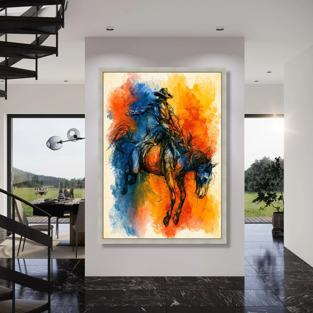 Vibrant Rodeo Cowboy on Bucking Horse Canvas, Western Equestrian Art, Dynamic Horseback Riding Wall Decor, Colorful Cowboy Canvas Print Art