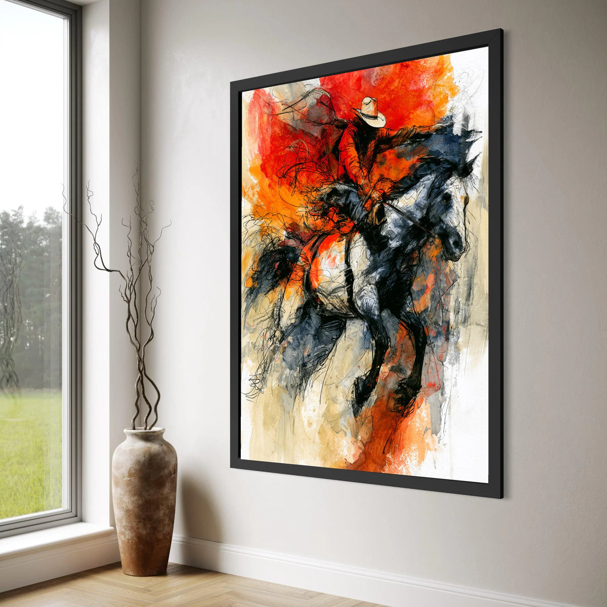 Dynamic Rodeo Cowboy Canvas Wall Art, Western Horseback Rider Painting, Rustic Equestrian Decor, Bold Red and Black Canvas Print Print Art