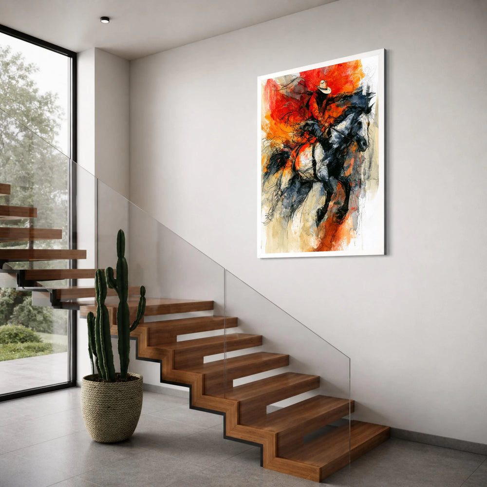 Dynamic Rodeo Cowboy Canvas Wall Art, Western Horseback Rider Painting, Rustic Equestrian Decor, Bold Red and Black Canvas Print Print Art