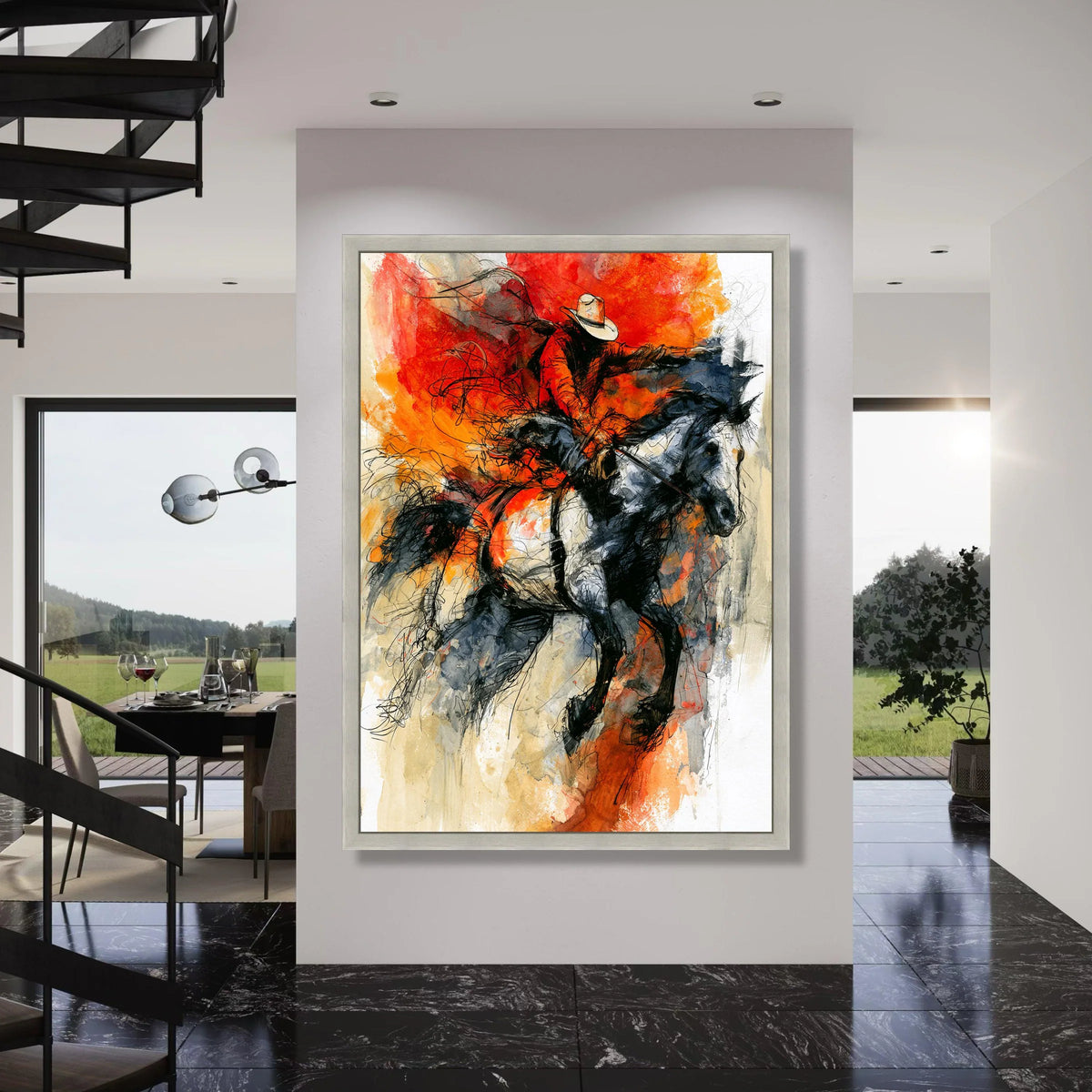Dynamic Rodeo Cowboy Canvas Wall Art, Western Horseback Rider Painting, Rustic Equestrian Decor, Bold Red and Black Canvas Print Print Art