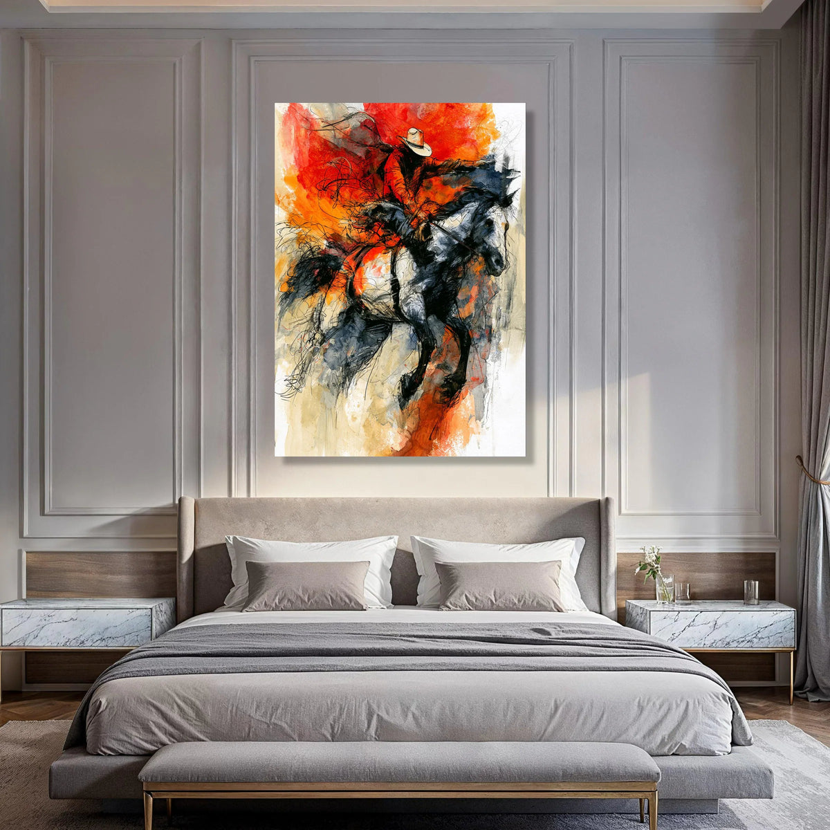 Dynamic Rodeo Cowboy Canvas Wall Art, Western Horseback Rider Painting, Rustic Equestrian Decor, Bold Red and Black Canvas Print Print Art